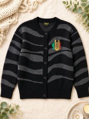 Wicked Black and Gray Striped Knit Cardigan Small Button-Up